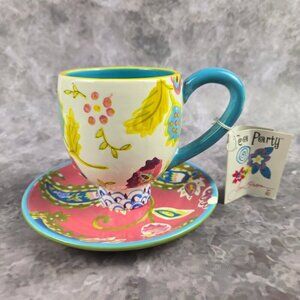 Tea Party by Joyce Shelton Cup & Saucer Colorful Floral Paisley Pattern Ceramic